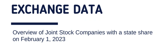 Exchange data. Overview of Stock Companies with a state share on February 1, 2023